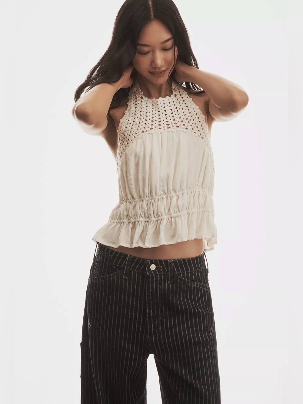 Sarah Hann Anthropologie | ivory crochet ruched halter tank top bohemian L NWT